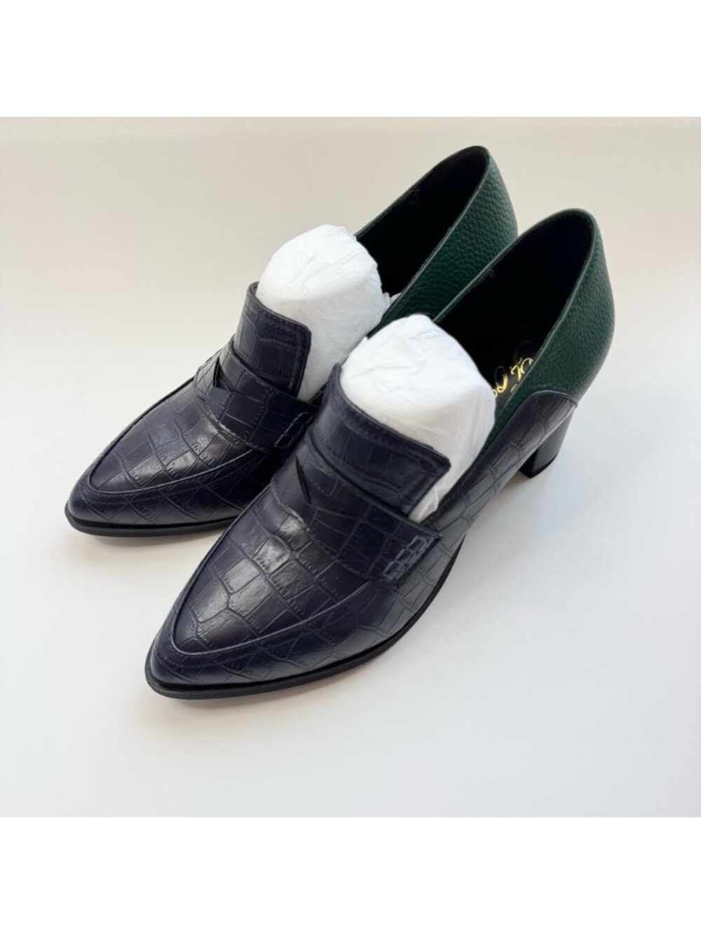 Size 7 Oxford textured loafers high heel block pump blue green FOWT